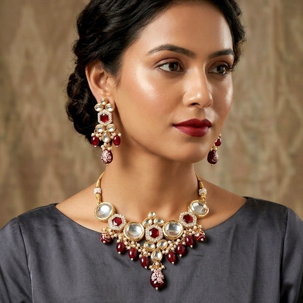 Handcrafted Ruby Kundan Bridal Necklace Set with Pearl Embellishments